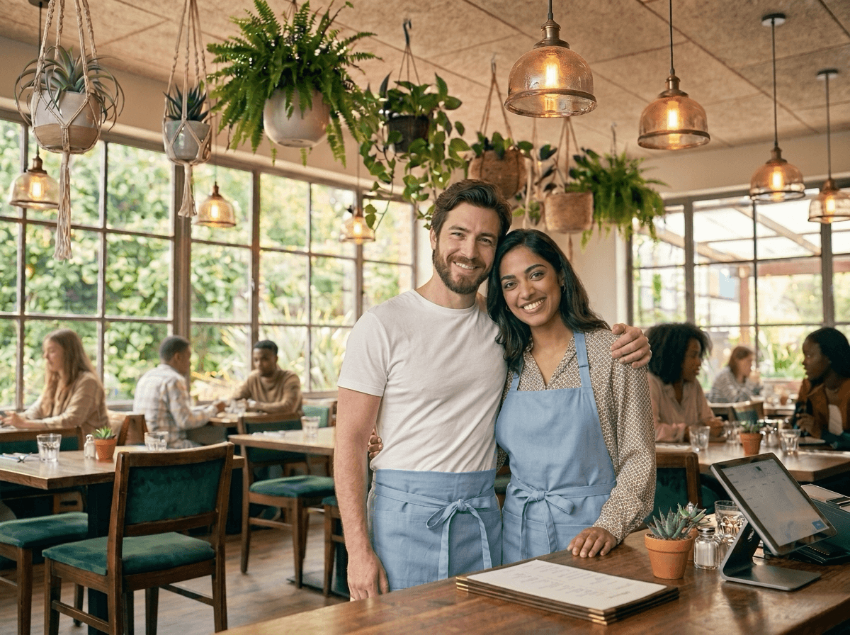 Casal de empreendedores em seu estabelecimento comercial